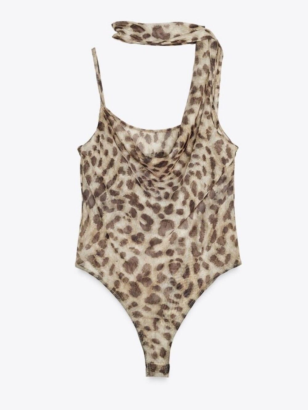 Zara Leopard Print Tulle Scarf Bodysuit in Beige and Brown